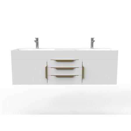 Castello Usa Amazon 60" Wall Mounted White Vanity With White Top And Gold Handles CB-MC-60W-GLD-2056-WH